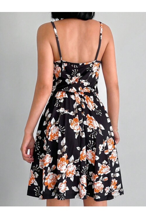 Siyah Turuncu Çiçek Desenli Kare Yaka Diz Üstü Askılı Elbise