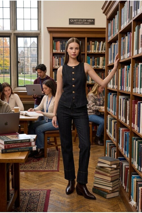 Siyah Yıkamalı Ön ve Paça Dikiş Detaylı Likralı Pantolon ve Kolsuz Düğme Detaylı Blazer Ceket Takım