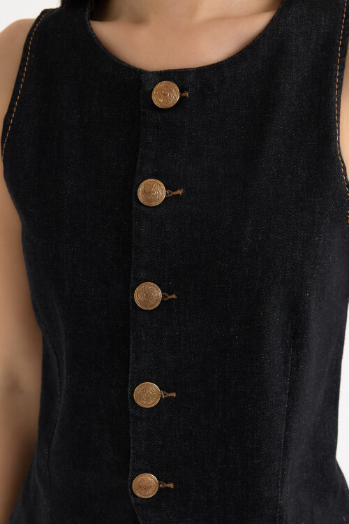 Siyah Yıkamalı Ön ve Paça Dikiş Detaylı Likralı Pantolon ve Kolsuz Düğme Detaylı Blazer Ceket Takım