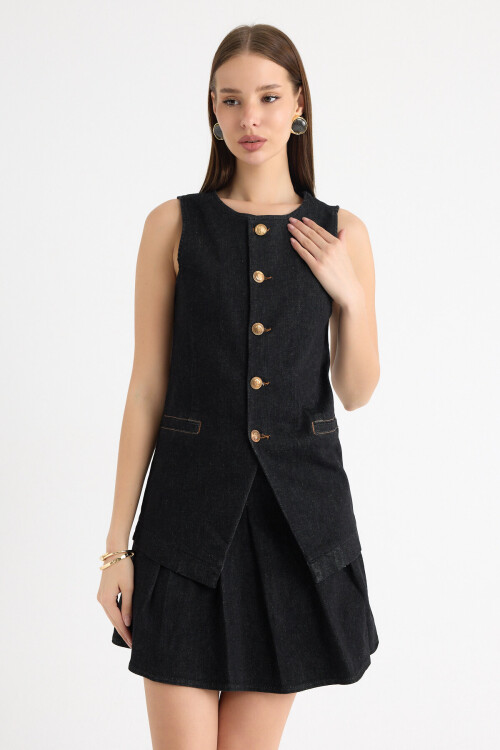 Siyah Yıkamalı Pile Detaylı Mini Etek ve Kolsuz  Düğme Detaylı Blazer Yelek/Ceket İkiliTakım