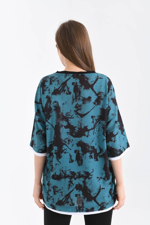 Unisex Koyu Mavi Geniş Kalıp Batik Desen Baskılı T-shirt