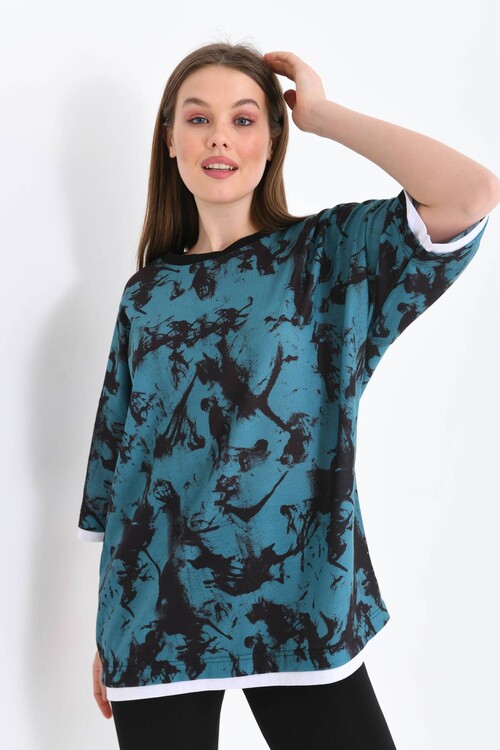 Unisex Koyu Mavi Geniş Kalıp Batik Desen Baskılı T-shirt