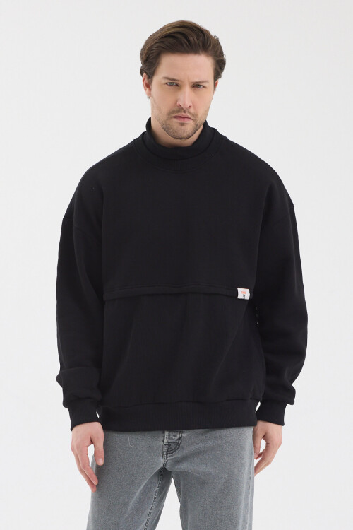 Urban Fit Siyah Dik Yaka Oversize Etiket Detaylı Şardonlu Sweatshirt