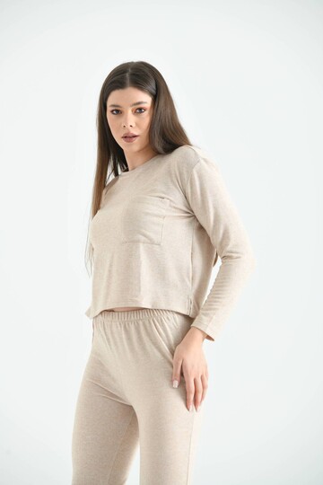 Bej Yumoş Kumaş Örme Pijama Takımı