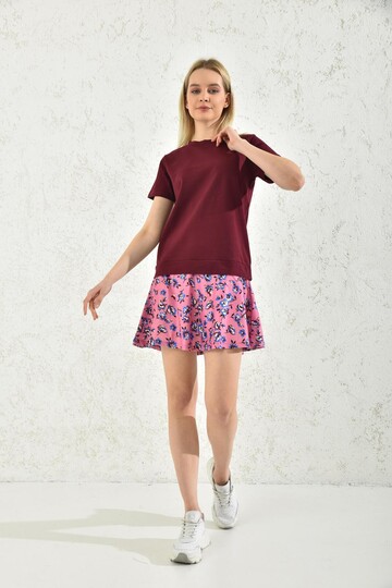 Bordo Çiçek Desenli Sweat Elbise