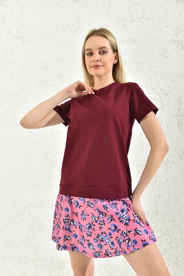 Bordo Çiçek Desenli Sweat Elbise
