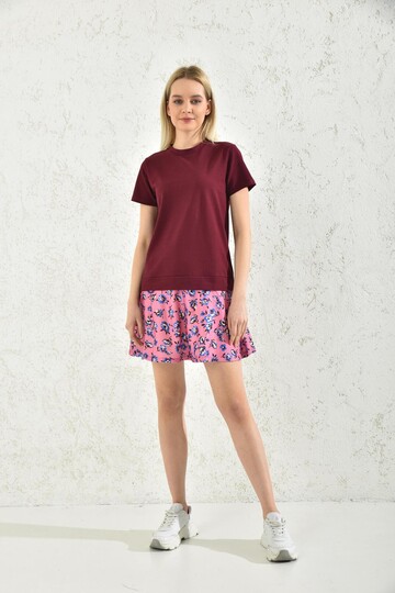 Bordo Çiçek Desenli Sweat Elbise