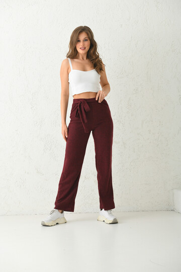 Bordo Lastik ve Bağlama Detaylı Triko Örme Spor Pantolon