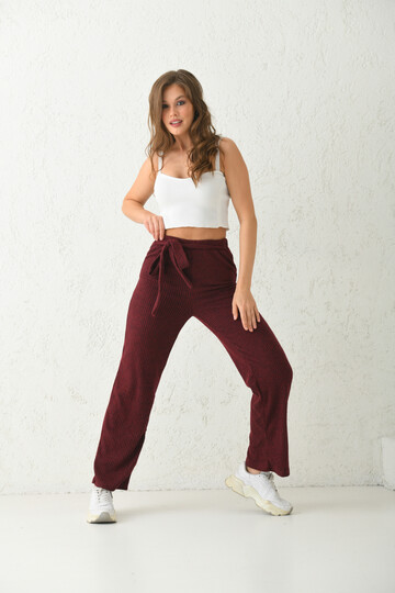 Bordo Lastik ve Bağlama Detaylı Triko Örme Spor Pantolon