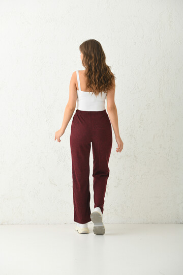 Bordo Lastik ve Bağlama Detaylı Triko Örme Spor Pantolon
