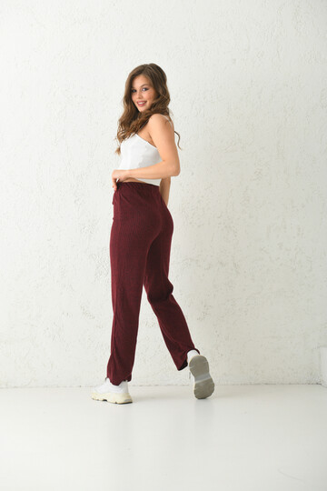 Bordo Lastik ve Bağlama Detaylı Triko Örme Spor Pantolon