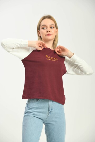 Claret Red Color Block Basic Printed Long Sleeve Knitted T-Shirt