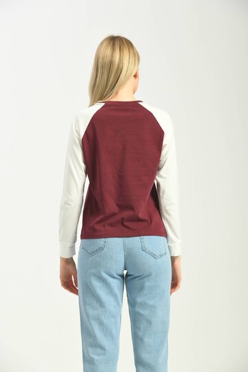 Claret Red Color Block Basic Printed Long Sleeve Knitted T-Shirt