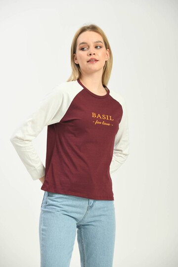 Claret Red Color Block Basic Printed Long Sleeve Knitted T-Shirt