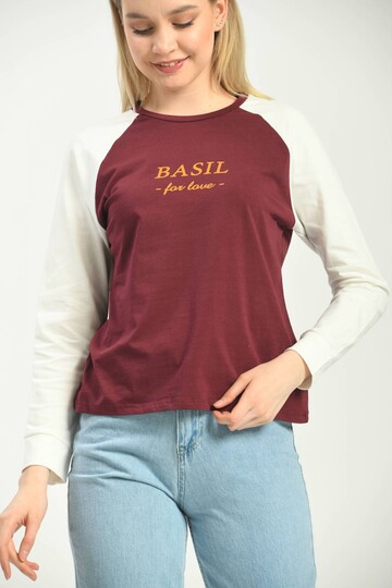 Claret Red Color Block Basic Printed Long Sleeve Knitted T-Shirt