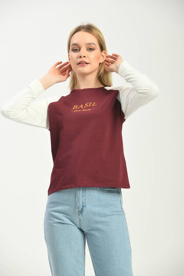 Claret Red Color Block Basic Printed Long Sleeve Knitted T-Shirt