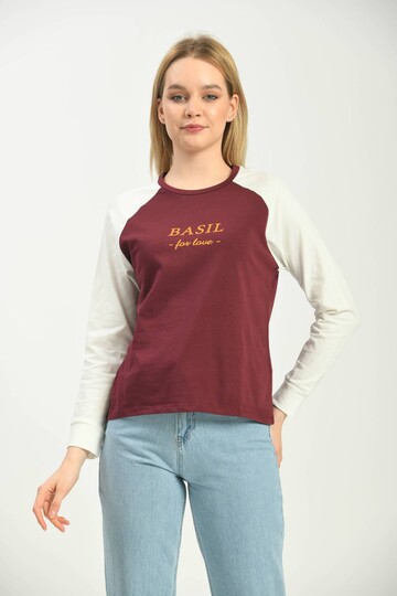 Claret Red Color Block Basic Printed Long Sleeve Knitted T-Shirt