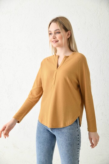 Camel Düğme Detaylı Örme Bluz