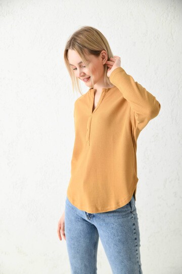 Camel Düğme Detaylı Örme Bluz