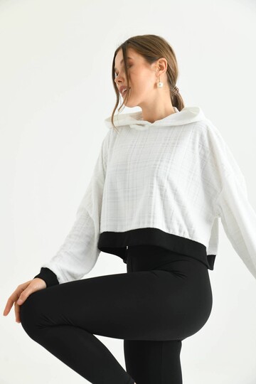 Ekru Beli Siyah Şeritli Kapüşonlu Crop Sweatshirt