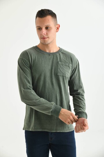 Erkek Haki Asit Yıkamalı Cep Detay Uzun Kolu T-Shirt