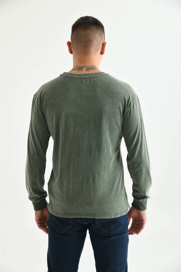 Erkek Haki Asit Yıkamalı Cep Detay Uzun Kolu T-Shirt