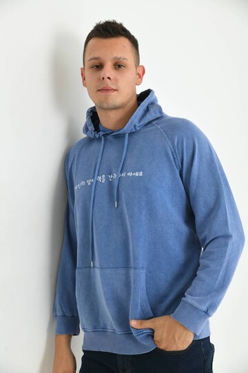 Erkek Mavi  Kapüşonlu Sırt Baskı Detaylı Yıkamalı Sweatshirt