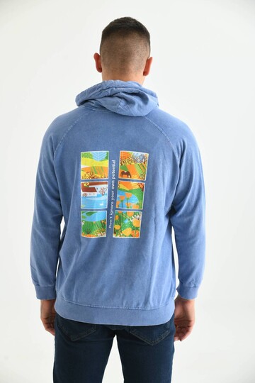 Erkek Mavi  Kapüşonlu Sırt Baskı Detaylı Yıkamalı Sweatshirt