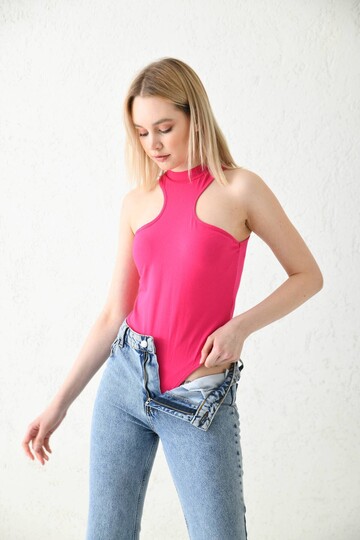 Fuchsia Turtleneck Sleeveless Snap Fastener Body