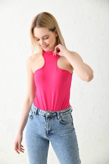 Fuchsia Turtleneck Sleeveless Snap Fastener Body