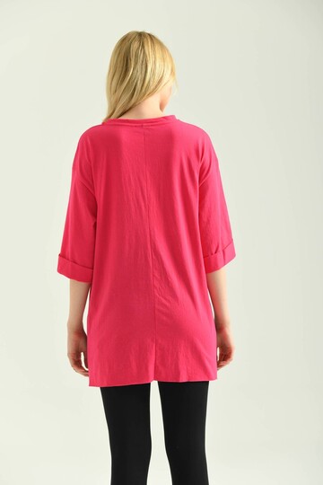Fuşya Duble Kol Geniş Kesim Asimetrik Yırtmaçlı Örme T-Shirt