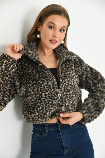 Kahverengi Leopar Desen Crop Peluş Mont