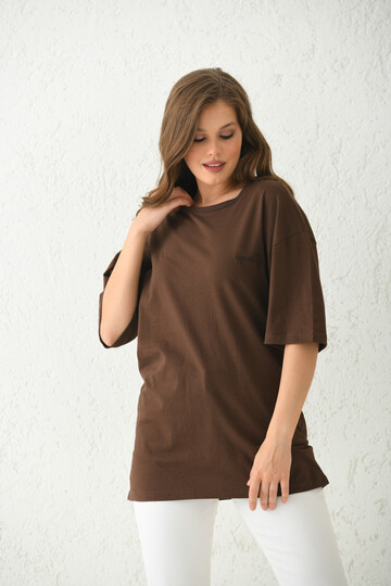 Kahverengi Oversize Nakış Detaylı T-Shirt 