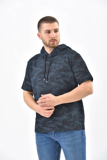 Lacivert Kamuflaj Desen Kapüşonlu Kısa Kollu Sweatshirt
