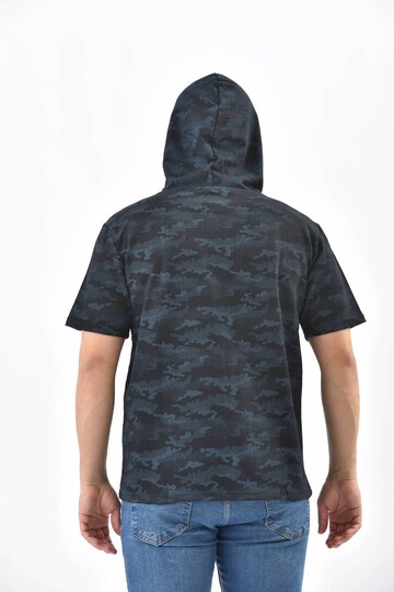Lacivert Kamuflaj Desen Kapüşonlu Kısa Kollu Sweatshirt