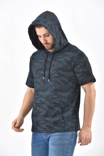 Lacivert Kamuflaj Desen Kapüşonlu Kısa Kollu Sweatshirt