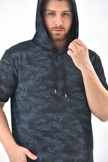 Lacivert Kamuflaj Desen Kapüşonlu Kısa Kollu Sweatshirt