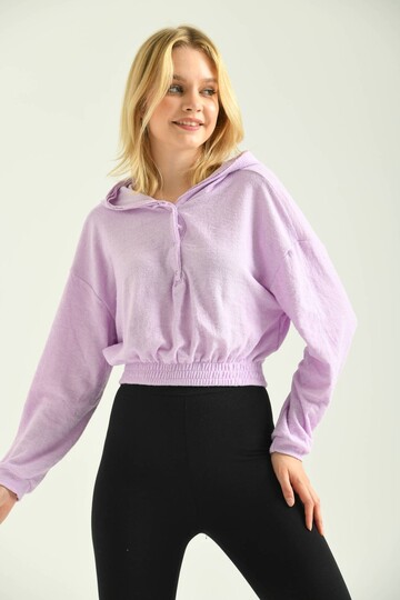 Lila Çıtçıt Detay Kapüşonlu Crop Havlu Kumaş Sweatshirt