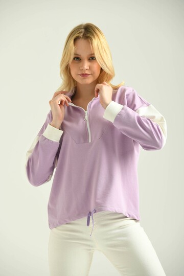 Lilac Zipper Basic Knitted Color Block Slim Sweatshirt