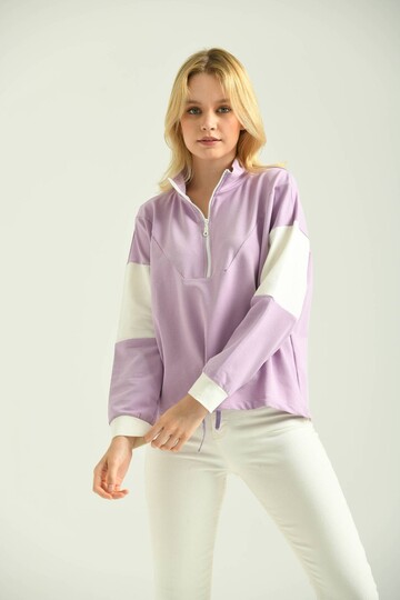 Lilac Zipper Basic Knitted Color Block Slim Sweatshirt