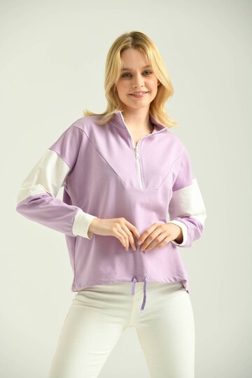 Lilac Zipper Basic Knitted Color Block Slim Sweatshirt