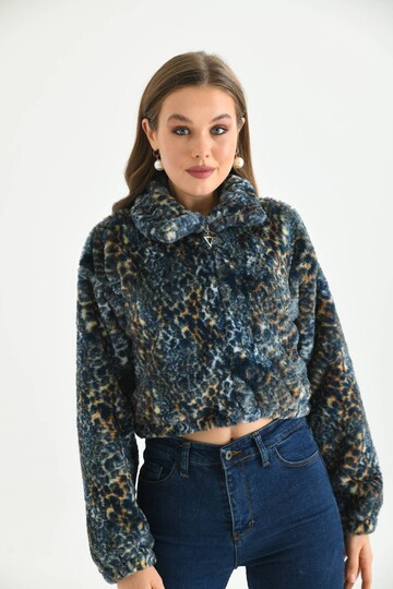  Mavi Leopar Desen Crop Peluş Mont