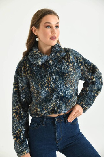  Mavi Leopar Desen Crop Peluş Mont