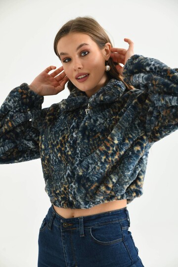  Mavi Leopar Desen Crop Peluş Mont