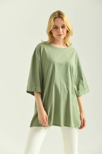 Mint Duble Kol Geniş Kesim Asimetrik Yırtmaçlı Örme T-Shirt