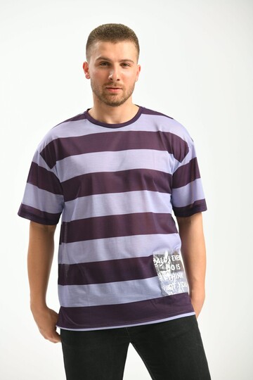 Mor Oversize Fit Cep Detay Çizgili T-Shirt