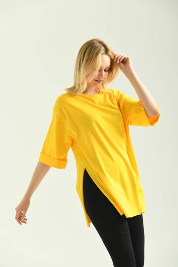 Yellow Double Sleeve Wide Cut Asymmetrical Slit Knitted T-Shirt
