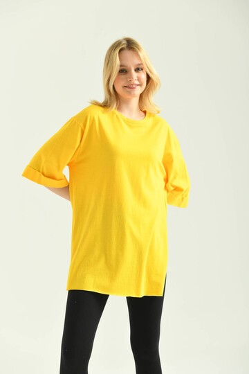 Yellow Double Sleeve Wide Cut Asymmetrical Slit Knitted T-Shirt