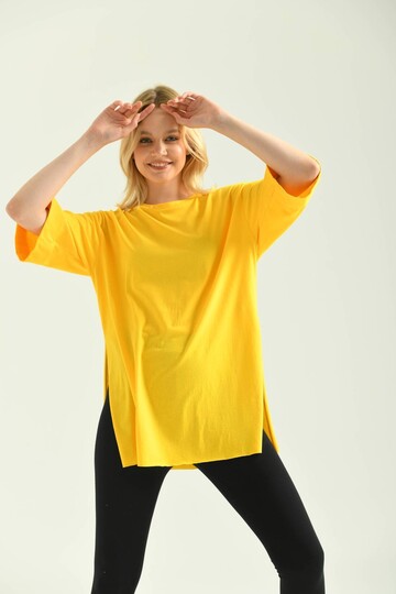 Yellow Double Sleeve Wide Cut Asymmetrical Slit Knitted T-Shirt
