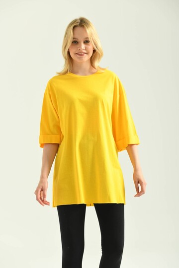 Yellow Double Sleeve Wide Cut Asymmetrical Slit Knitted T-Shirt